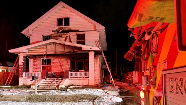 The scene of a house fire where two children died at 604 Powell Ave. in Evansville, IN, Feb. 8, 2026