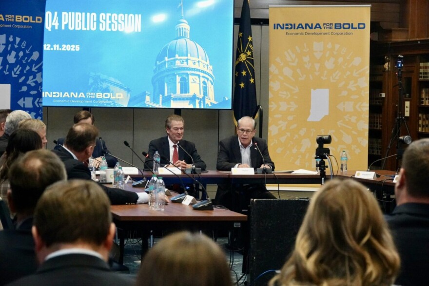 From left: Indiana Commerce Secretary David Adams and Gov. Mike Braun lead an Indiana Economic Development Corp. meeting on Thursday, Dec. 11, 2025.