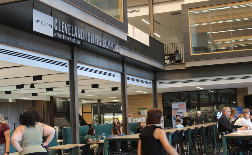 Parents, students and staff flow through the commons for orientation Aug. 27, 2026, at Rock Ridge High School in Virginia.