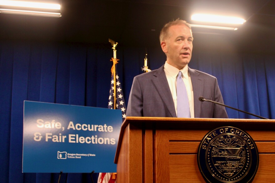 Oregon Secretary of State Tobias Read speaks to reporters in the state capitol in Salem on Tuesday, Aug. 25, 2026.