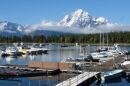 Boats sit in Colter Bay Marina on Jackson Lake in Grand Teton National Park.