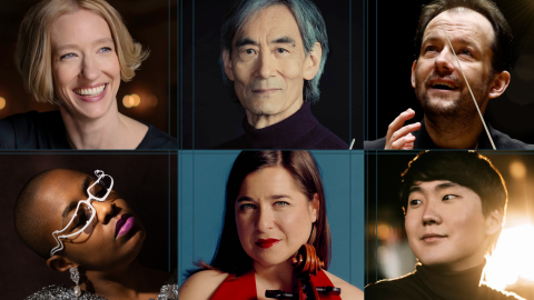 Clockwise from top left: Joana Mallwitz, Kent Nagano, Andris Nelsons, Seong-Jin Cho, Alisa Weilerstein, Cécile McLorin Salvant