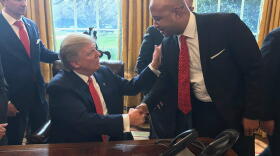 Attorney General Curtis Hill, right, and President Donald Trump meet at the White House in 2017.