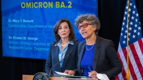 NYS Health Commissioner Dr. Mary Bassett, right, and Gov. Kathy Hochul give a COVID-19 briefing Monday, March 21, 2022