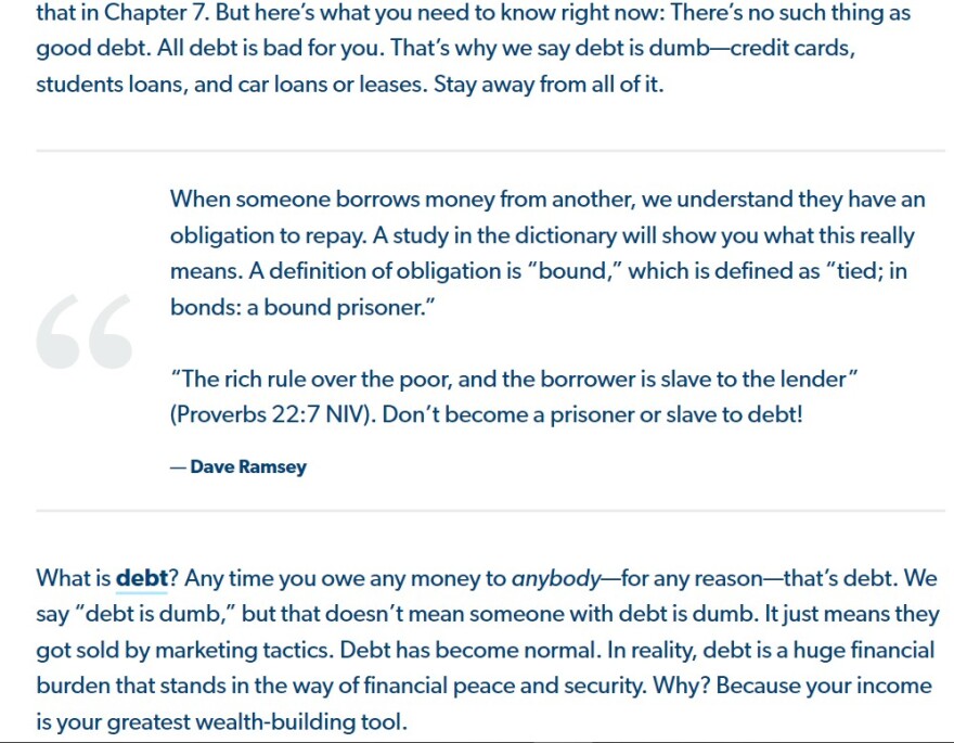 A screenshot of the course material shows Proverbs 22: "Don't become a prisoner or a slave to debt!"