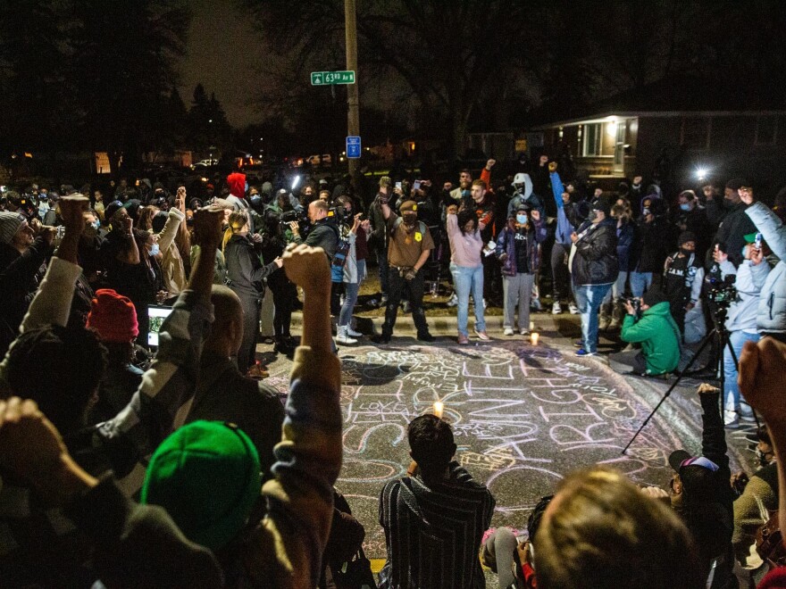 Protests lasted for hours at the spot where 20-year-old Black man Daunte Wright crashed his car and died after being shot by police in a suburb of Minneapolis.