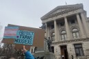 People rally in support of transgender rights outside of the Indiana Statehouse on Feb. 5, 2025.