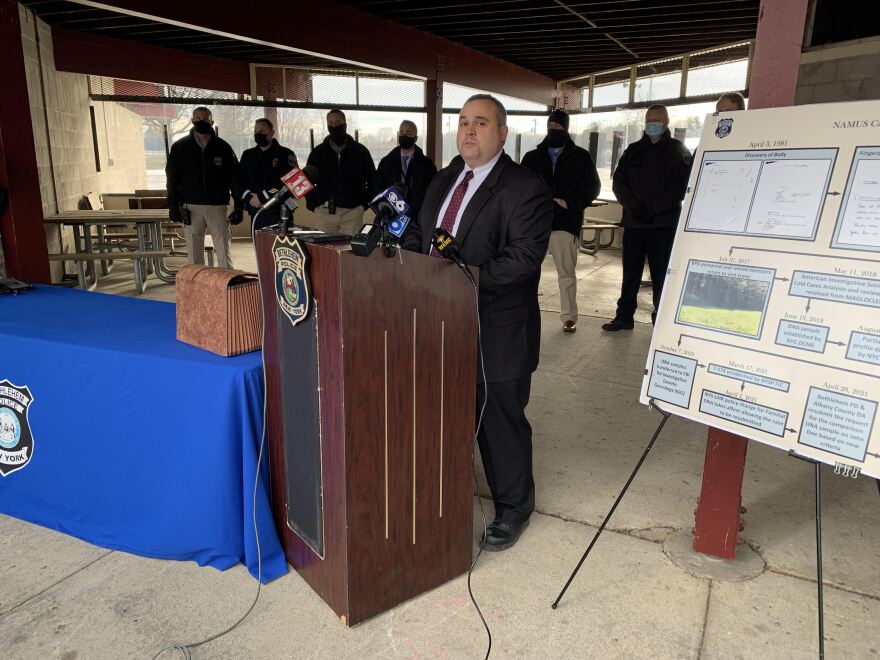  Bethlehem Police Commander Adam Hornick speaks at Elm Avenue Park in Delmar