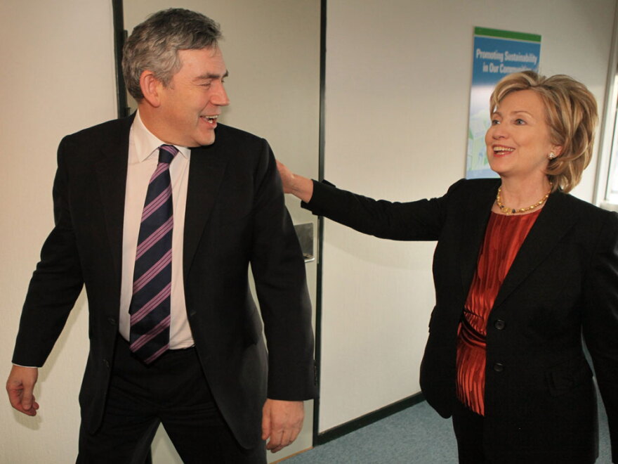 British Prime Minister Gordon Brown meets with U.S. Secretary of State Hillary Clinton in Copenhagen, on the 11th day of the U.N. Climate Change Conference.