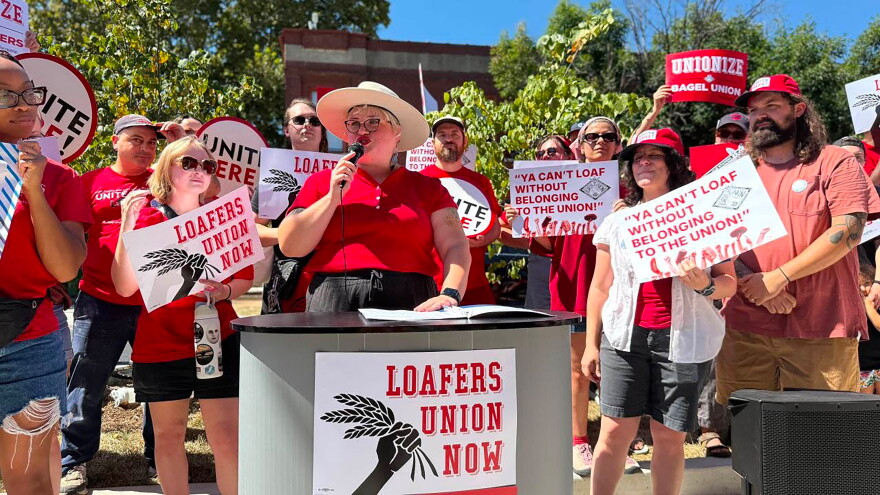 Nelle Kate McPherson leads Union Loafers rally on Labor Day announcing a filing to unionize.