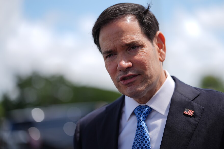 Close up of Secretary of State Marco Rubio speaks to the press 