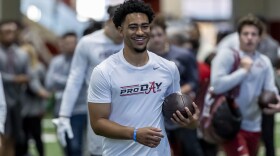 Former Alabama football quarterback Bryce Young works in position drills at Alabama's NFL pro day, Thursday, March 23, 2023, in Tuscaloosa, Ala. (AP Photo/Vasha Hunt)