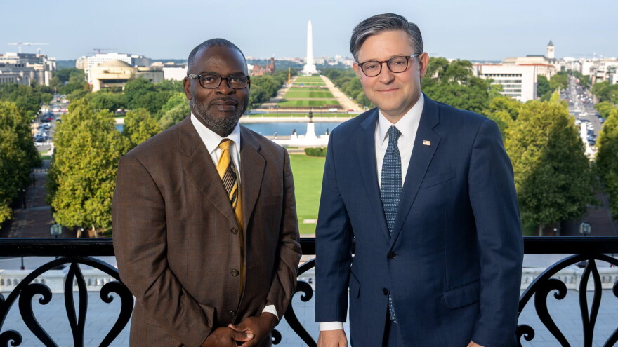 Pictured: Pastor Dexter Skepple of Speak the Word Ministries, left, and Speaker of the House Mike Johnson in Washington, DC where Skepple delivered the opening prayer on the floor of the US House of Representatives on Thursday.