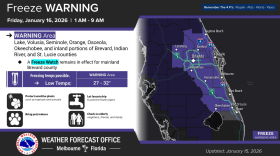 Graphic from the National Weather Service of Melbourne shows a freeze warning across the east coast