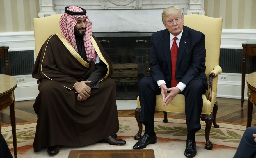 President Trump meets Saudi Arabia's Deputy Crown Prince Mohammed bin Salman in the Oval Office on March 14. Trump is traveling to the kingdom Friday on his first foreign trip.