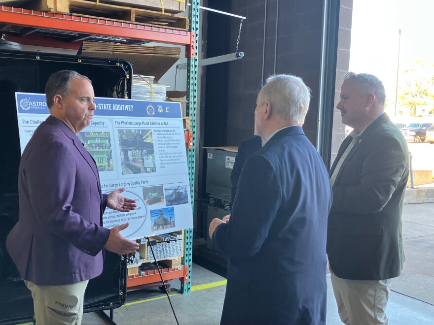 Noah Barnhill (left), manager of the ASTRO America facility at 3200 69th Ave., Moline, explains their process to U.S. Sen. Dick Durbin and U.S. Rep. Eric Sorensen during a tour Thursday, Oct. 29, 2026.