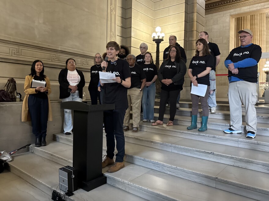 Bryn Adams, a Ward 12 resident and leader of "Flock No," speaks at a press conference at Cleveland City Hall.