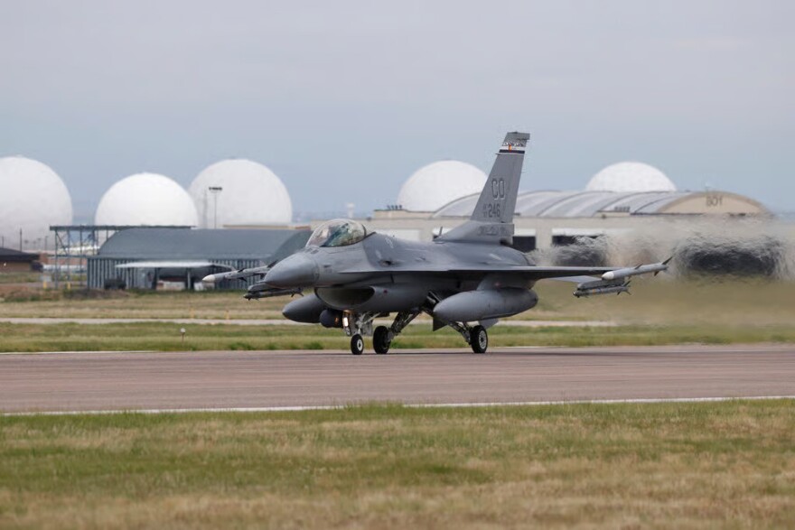 A F-16 Fighting Falcon from the Colorado Air National Guard's 140th Wing takes off from Buckley Air Force Base on Friday, May 15, 2020, in Aurora, CO.