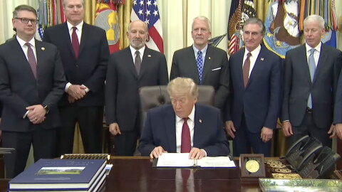 From left, Rep. Nick Begich III, Gov. Mike Dunleavy, Howard Lutnick, President Donald Trump, U.S. Sen. Dan Sullivan, Doug Burgam and Chris Wright stand in the Oval Office on Wednesday, Sept. 30, 2026 in Washington, D.C.