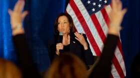 United States Vice President Kamala Harris calls on the Democratic Women's Caucus to get energized ahead of the 2024 elections on Friday, Oct. 6, 2023, during the DNC Fall Meeting at the Marriott St. Louis Grand in downtown St. Louis.
