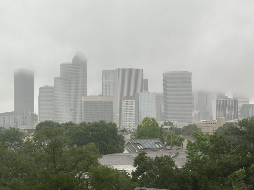 Rain falls across Houston on May 1, 2026. 