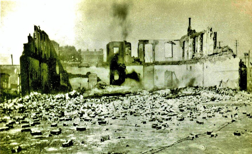 Walls of the Dunbar School after the fire from the Tulsa Race Massacre, 1921.