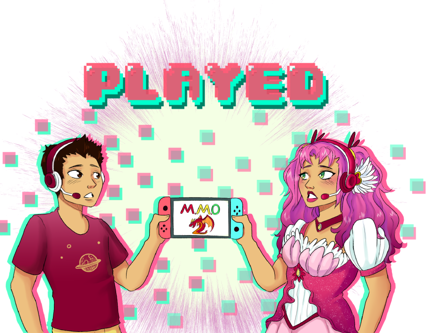 Illustration of two people playing a video game together.