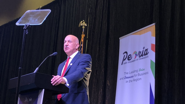 Bradley University President James Shadid delivers the keynote address during the Peoria Area Chamber of Commerce Thanksgiving Luncheon on Thursday at the Peoria Civic Center.
