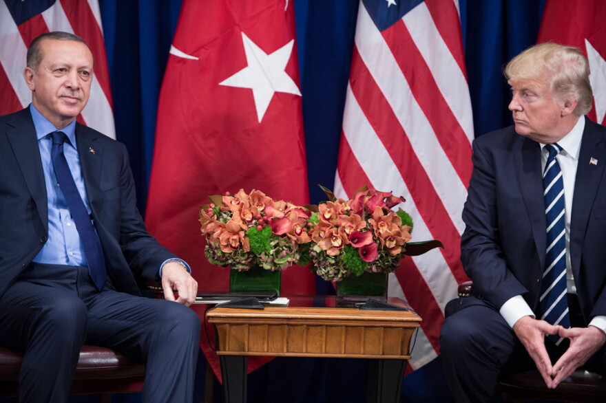 Turkey's President Recep Tayyip Erdogan and US President Donald Trump wait for a meeting at the Palace Hotel during the 72nd United Nations General Assembly September 21, 2017 in New York City.   (Brendan Smialowski/AFP via Getty Images)