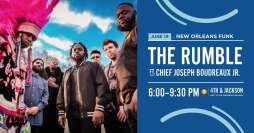 ad for Levitt AMP Springfield free concert with The Rumble featuring Chief Joseph Boudreaux Jr. June 19