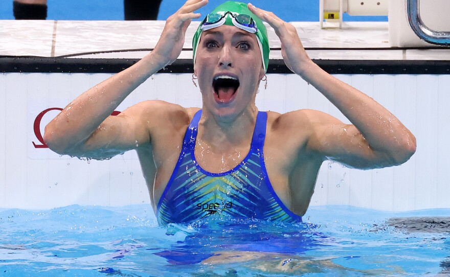 Tatjana Schoenmaker of Team South Africa reacts after winning the gold medal and breaking the world record in the women's 200-meter breaststroke final on Friday. It's South Africa's first gold medal of the Tokyo Olympics.
