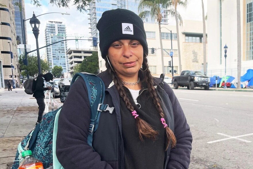 Cally Wood, who lacks housing and lives in downtown San Diego, says she’s addicted to fentanyl and wants to get clean but it’s difficult while homeless.