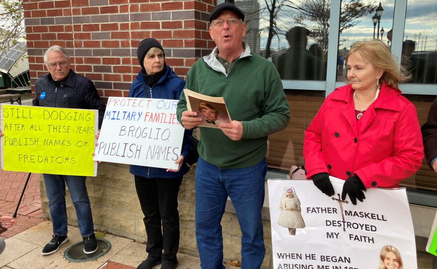 SNAP member David Lorenz leads a press conference about the cover-up of child sexual abuse by Baltimore Archdiocese.