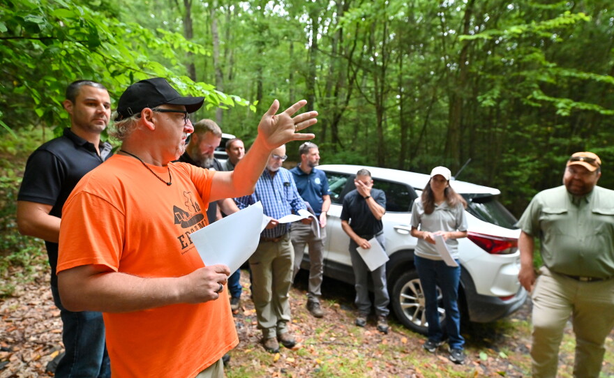 Bobby Hughes, executive director of the Eastern Pennsylvania Coalition for Abandoned Mine Reclamation (EPCAMR), starts a tour of abandoned mine reclamation projects in Luzerne County on State Game Lands 206.