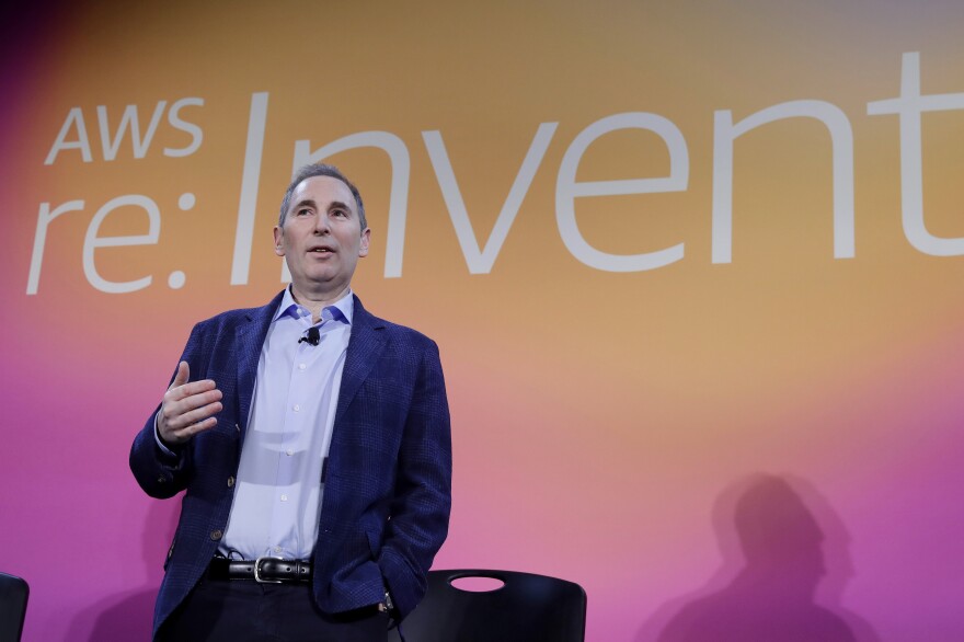 FILE - In this Dec. 5, 2019, file photo, AWS CEO Andy Jassy, discusses a new initiative with the NFL during AWS re:Invent 2019 in Las Vegas. Amazon announced Tuesday, Feb. 2, 2021, that Jeff Bezos would step down as CEO later in the year, leaving a role he's had since founding the company nearly 30 years ago. Amazon says Bezos will be replaced in the summer by Jassy, who runs Amazon's cloud business. (Isaac Brekken/AP Images for NFL, File)
