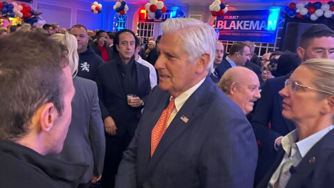 Nassau County Executive Bruce Blakeman greets supporters on Election Night, Nov. 4, 2025, in Baldwin, New York.