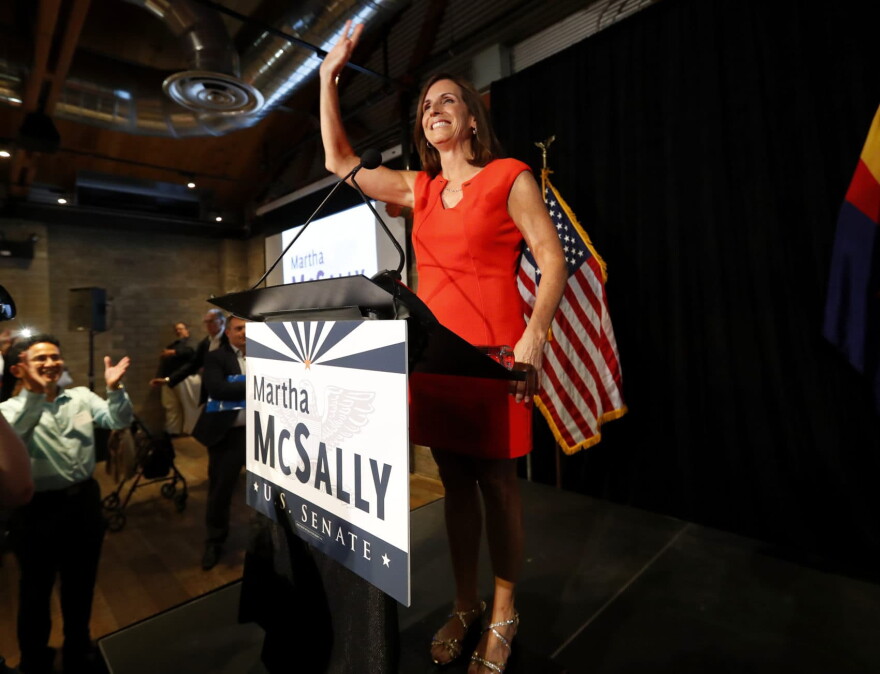 U.S. senatorial candidate and Rep. Martha McSally, R-Ariz., celebrates her primary election victory, Tuesday, Aug. 28, 2018, in Tempe, Ariz. (Matt York/AP)