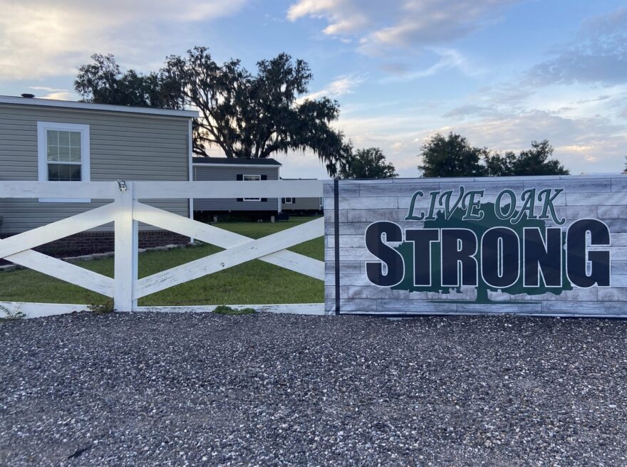 Banners saying “Live Oak Strong” hung up around town after the hurricane (picture by Megan Peschl)