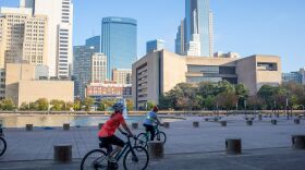 Bikers gather at Dallas City Hall for an initiative called Bike To City Hall to promote environment-friendly transit, on Oct. 20, 2021.