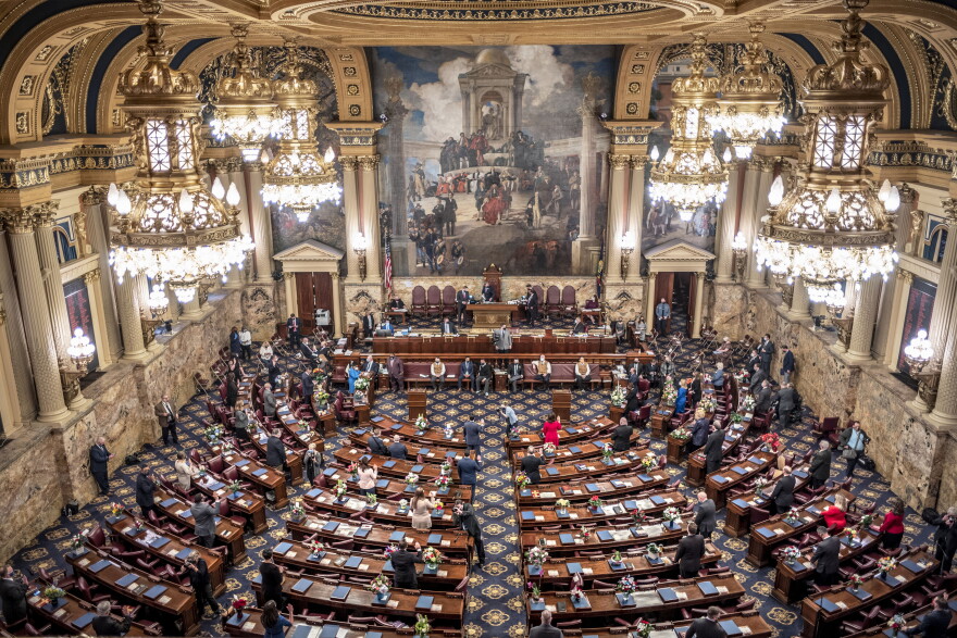 Shown is the Pennsylvania House of Representatives on Jan. 5, 2021, at the state Capitol in Harrisburg, Pa. Six weeks after Pennsylvania state representatives elected a Democratic speaker and have not returned to session, the Republican leader on Wednesday, Feb. 15, 2023 warned of chaos when they reconvene next week. 