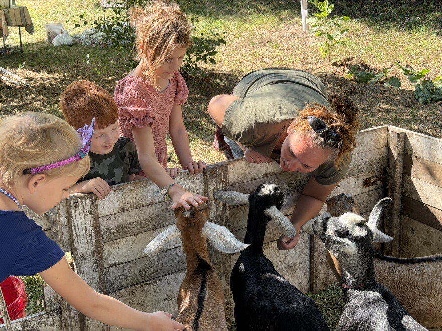 Children pet goats at Doubting Thomas Farms' harvest festival, north of Moorhead, Minn.