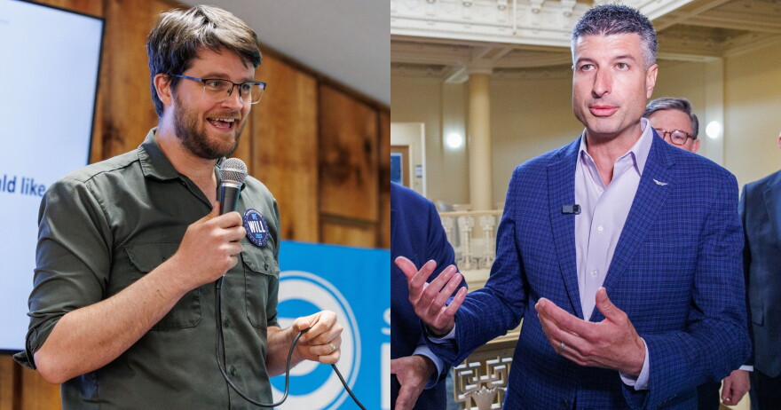 Split screen of William Lawrence and Tom Barrett speaking at events