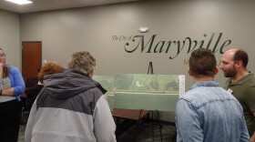 Maryville residents view project maps at a Jan. 21 open house discussing Evergy's Mullin Creek Natural Gas Plant and related roadway impacts.