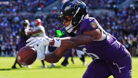 Baltimore Ravens wide receiver Ja'kobi Lane (6) can't make a catch during the first half of an NFL football game against the Cincinnati Bengals in Baltimore, Sunday, Oct. 25, 2026. (AP Photo/Stephanie Scarbrough)