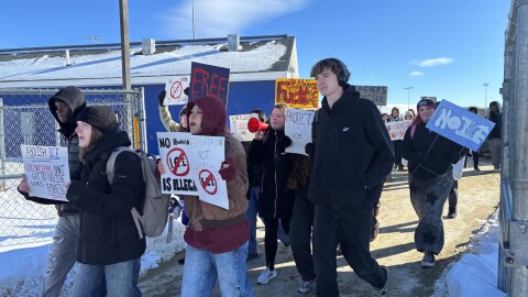 Lewiston High school students walking out of school in protest of national immigration enforcement.