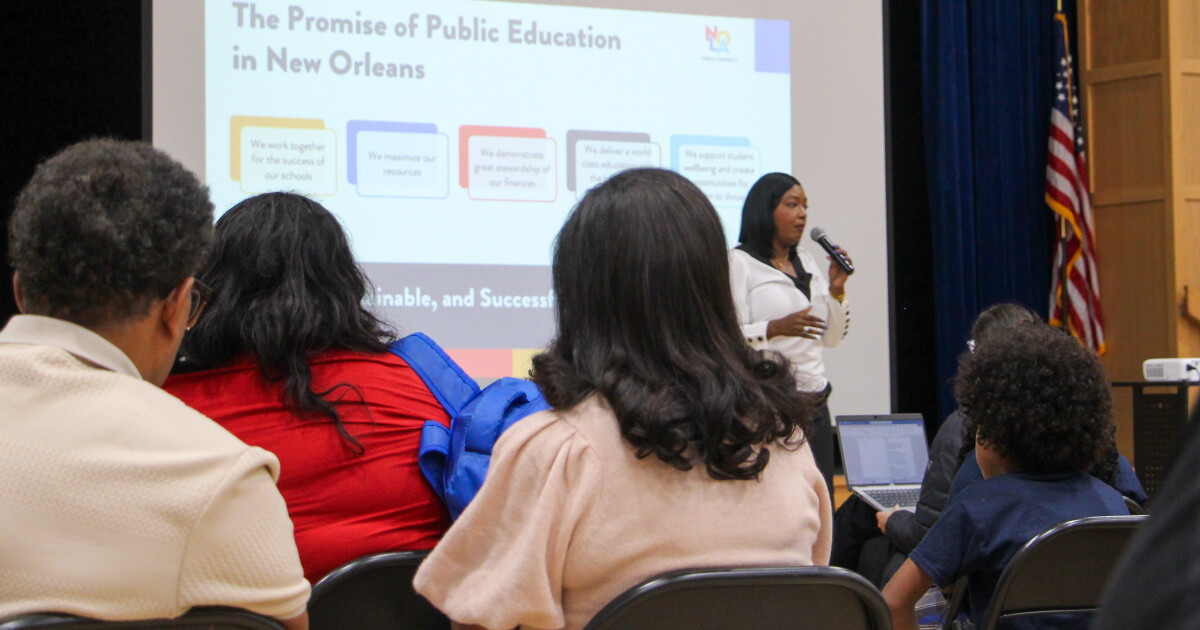 Superintendent Fateama Fulmore speaks to families at Fannie C. Williams in New Orleans East on Oct. 15, 2026.