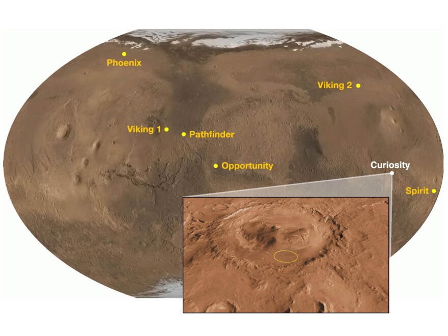 The Curiosity rover is being sent to explore Gale Crater, site of ancient water and modern-day mountains.