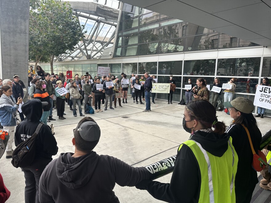 Anti-Zionist Jewish protestors gather outside of Nancy Pelosi's office on Friday, October 13