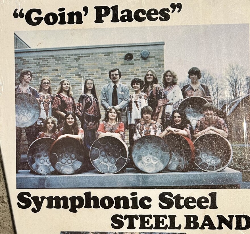 Members of Symphonic Steel on the sleeve of their first record, “Goin’ Places”