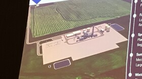 An aerial view rendering of the natural-gas power plant site east of Maysville, Iowa, shown at the Iowa Utilities Commission meeting April 6, 2026 in Davenport.